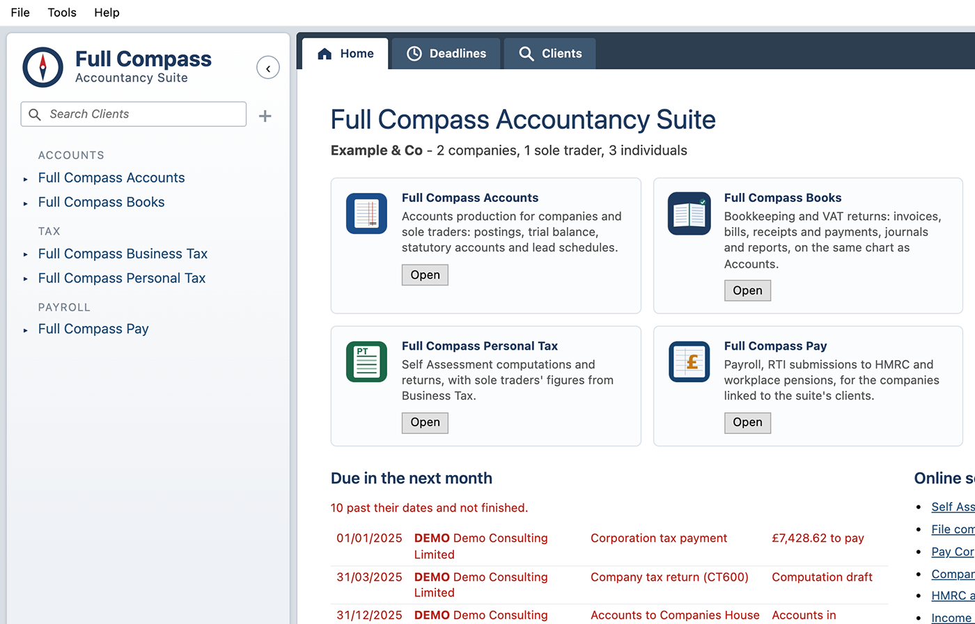 The start page, Full Compass Accountancy Suite, with the demonstration practice: the apps by group, a card for each app, and the clients' deadlines due in the next month.